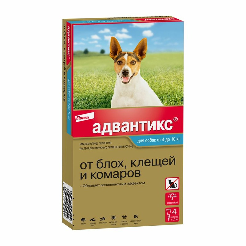 Elanco Адвантикс капли от блох, клещей и комаров для собак весом от 4 до 10 кг - 4 пипетки капли для собак атакса от иксодовых клещей блох вшей власоедов до 4кг 0 4мл