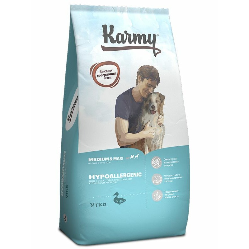 Karmy Hypoallergenic Medium & Maxi полнорационный сухой корм для собак средних и крупных пород при аллергии, с уткой - 14 кг цена и фото
