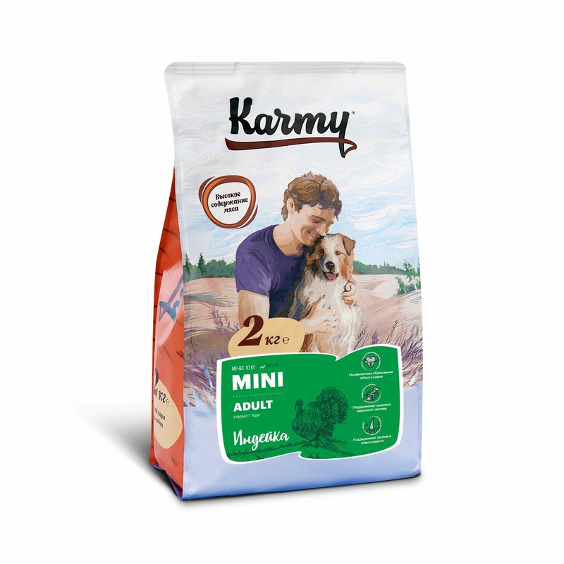 Karmy Mini Adult полнорационный сухой корм для собак мелких пород, с индейкой - 2 кг karmy корм karmy сухой корм для взрослых кошек старше 1 года с курицей 10 кг