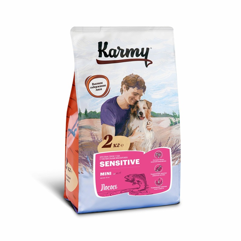 цена Karmy Sensitive Medium & Maxi полнорационный сухой корм для собак средних и крупных пород с чувствительным пищеварением, с лососем - 2 кг