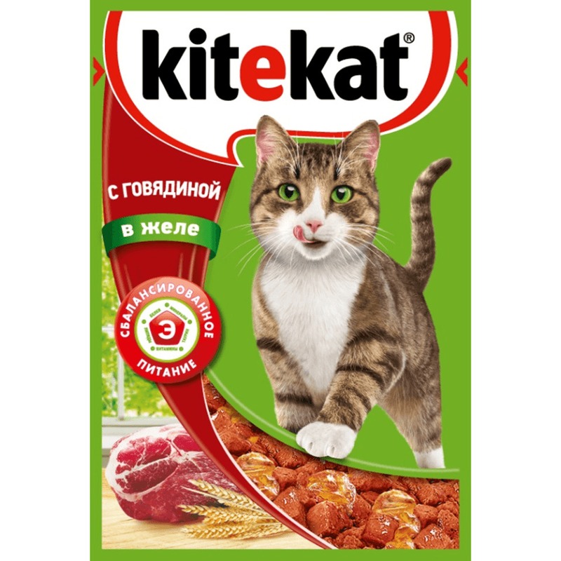 цена Kitekat полнорационный влажный корм для кошек, с говядиной, кусочки в желе, в паучах - 85 г