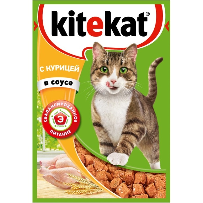 цена Kitekat полнорационный влажный корм для кошек, с курицей, кусочки в соусе, в паучах - 85 г