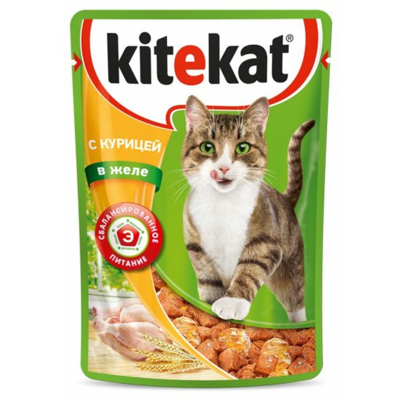 цена Kitekat полнорационный влажный корм для кошек, с курицей, кусочки в желе, в паучах - 85 г