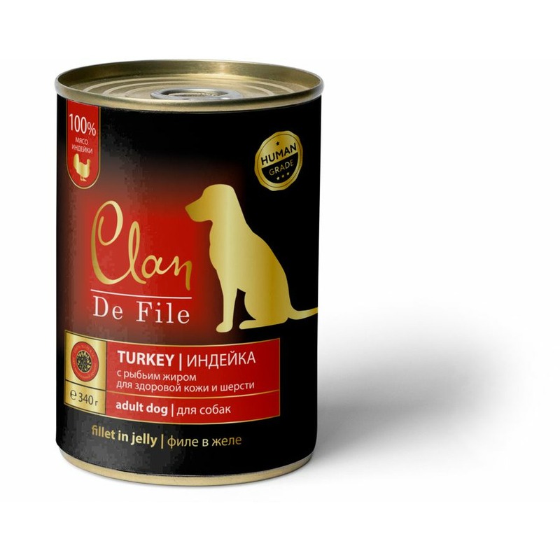 Clan De File полнорационный влажный корм для собак, с индейкой, кусочки в желе, в консервах - 340 г