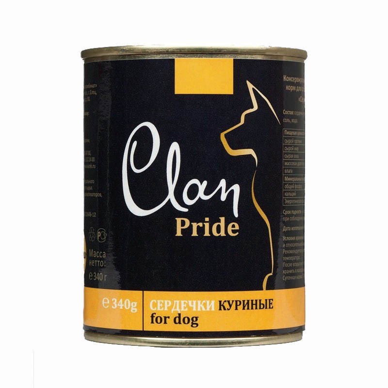 Clan Pride полнорационный влажный корм для собак, с куриными сердечками, кусочки в желе, в консервах - 340 г, размер Для всех пород 130.3.103 - фото 1