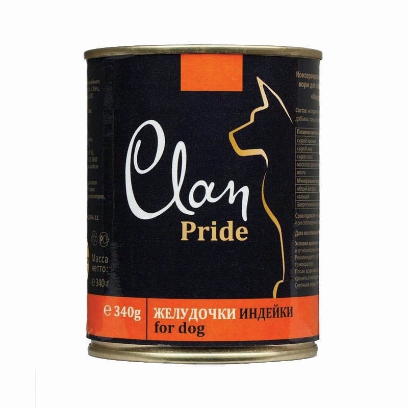 Clan Pride полнорационный влажный корм для собак, с желудочками индейки, кусочки в желе, в консервах - 340 г clan pride для взрослых собак с желудочками индейки 340 гр х 12 шт