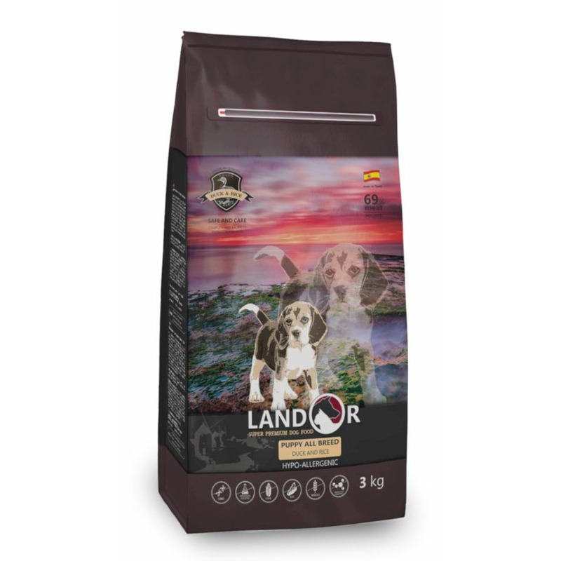 Landor Puppy полнорационный сухой корм для щенков от 1 до 18 месяцев, с уткой и рисом landor полнорационный сухой корм для собак с ягненком и рисом