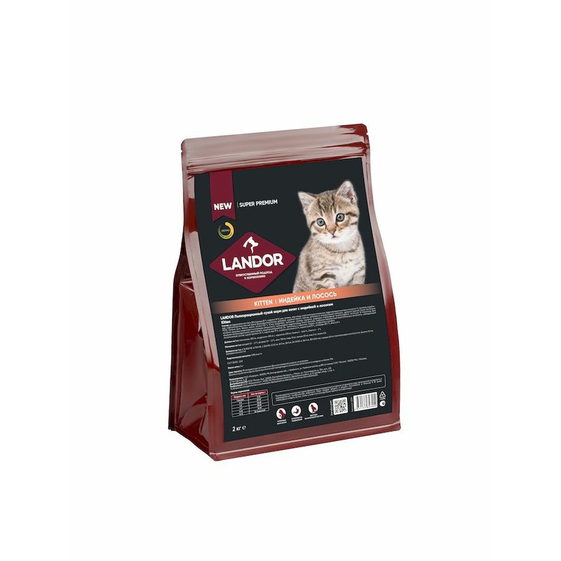 Landor полнорационный сухой корм для котят, с индейкой и лососем - 2 кг florida полнорационный сухой корм для котят с индейкой и клюквой 4 кг