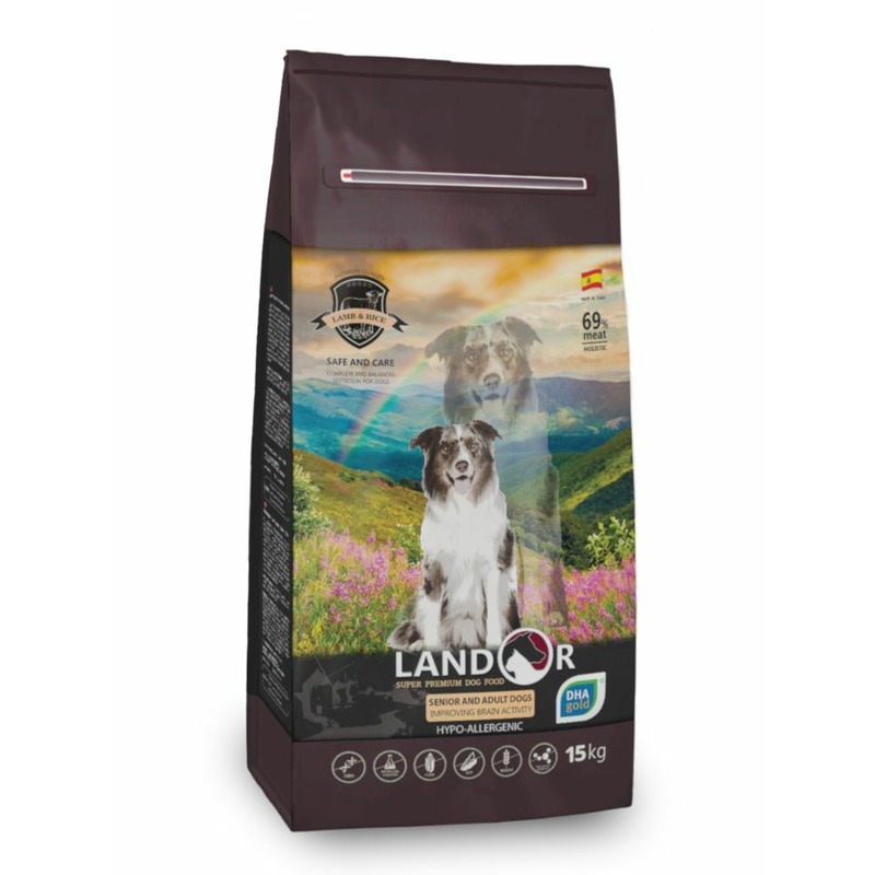 Landor полнорационный сухой корм для пожилых и взрослых собак, с функцией улучшения мозговой деятельности, с уткой и рисом цена и фото