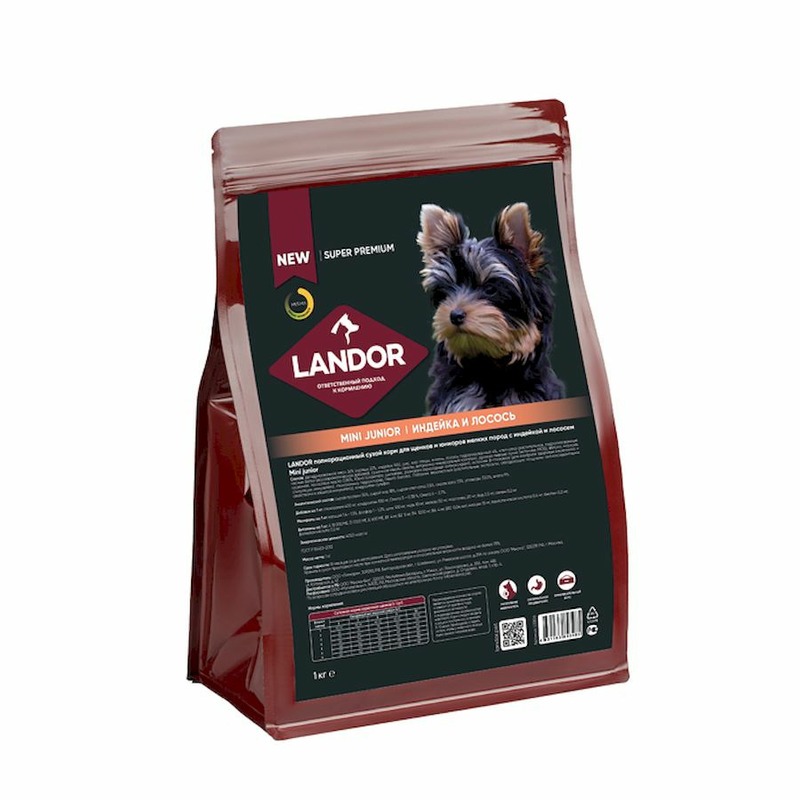 цена Landor полнорационный сухой корм для щенков и юниоров мелких пород, c индейкой и лососем - 1 кг
