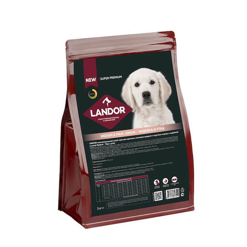 Landor полнорационный сухой корм для щенков и юниоров средних и крупных пород, c индейкой и уткой - 3 кг
