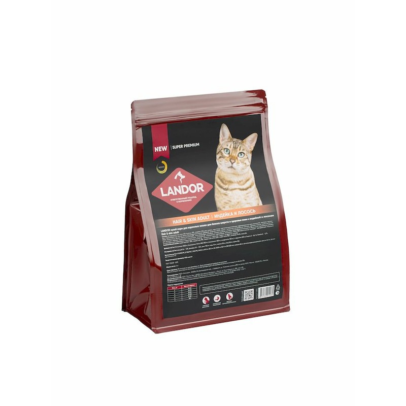Landor полнорационный сухой корм для кошек для шерсти и здоровья кожи, c индейкой и лососем - 2 кг