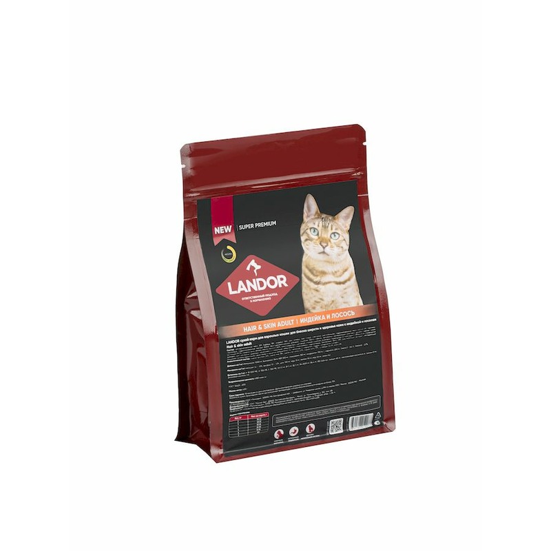 Landor полнорационный сухой корм для кошек для шерсти и здоровья кожи, c индейкой и лососем - 400 г