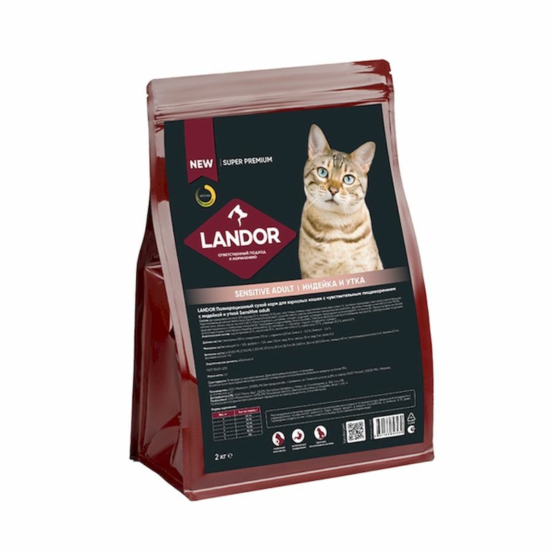 Landor полнорационный сухой корм для кошек с чувствительным пищеварением, c индейкой и уткой - 2 кг landor сухой корм для домашних кошек с индейкой и ягненком 400 г