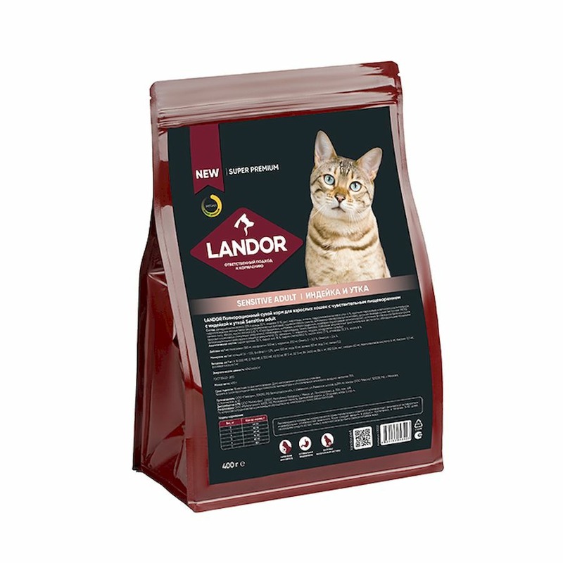 Landor полнорационный сухой корм для кошек с чувствительным пищеварением, c индейкой и уткой - 400 г landor сухой корм для домашних кошек с индейкой и ягненком 400 г