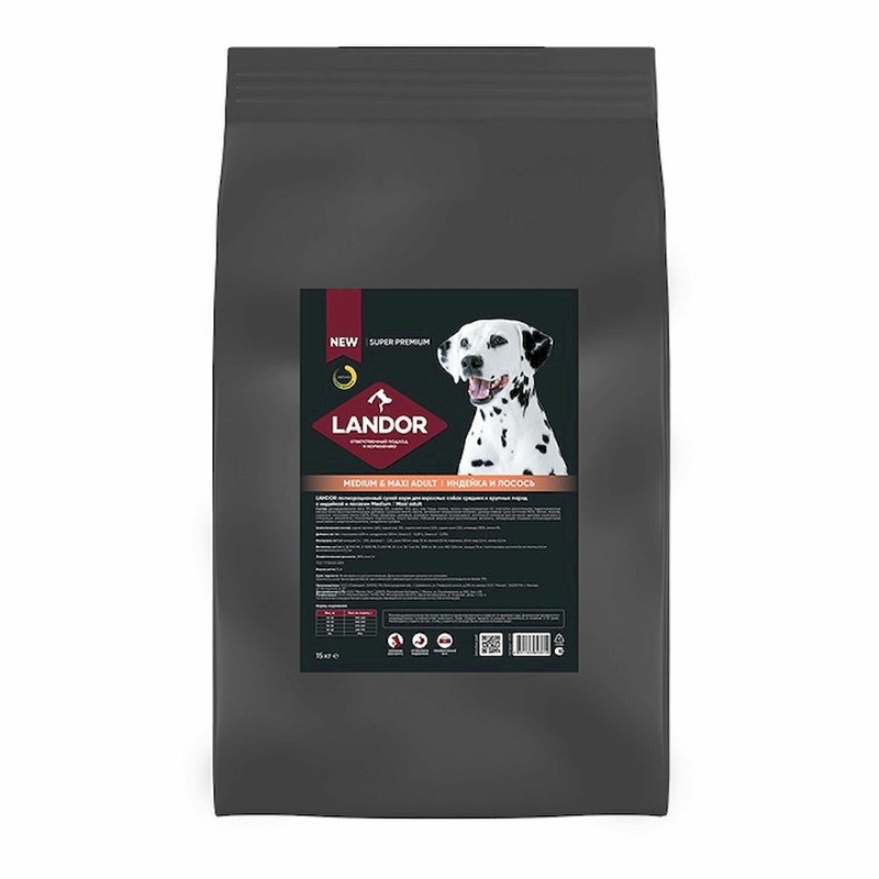 Landor полнорационный сухой корм для собак cредних и крупных пород, c индейкой и лососем