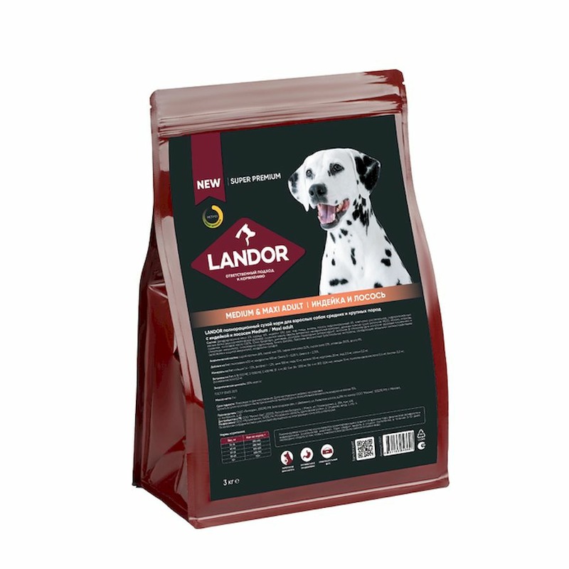 Landor полнорационный сухой корм для собак cредних и крупных пород, c индейкой и лососем - 3 кг
