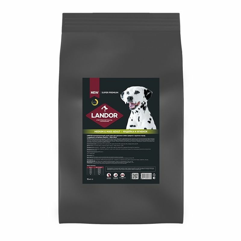 Landor сухой корм для взрослых собак cредних и крупных пород полнорационный, c индейкой и ягненком