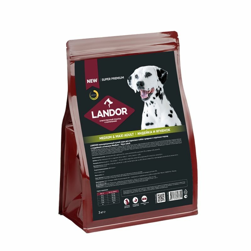 Landor сухой корм для взрослых собак cредних и крупных пород полнорационный, c индейкой и ягненком - 3 кг