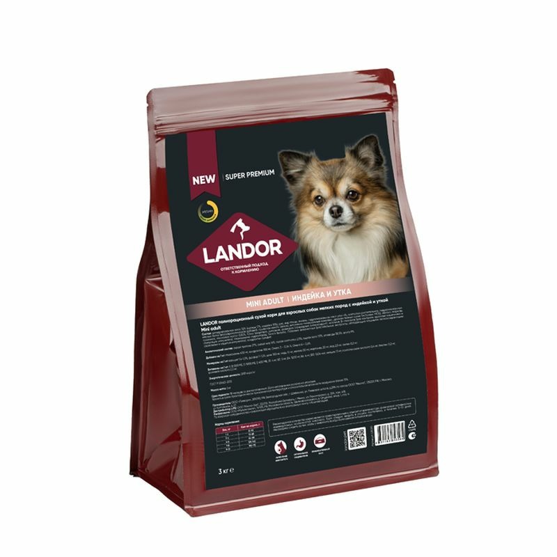 Landor сухой корм для взрослых собак мелких пород полнорационный, c индейкой и уткой - 3 кг