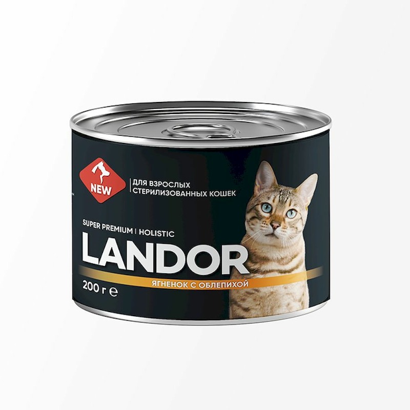 цена Landor полнорационный влажный корм для стерилизованных кошек, паштет с ягненом и облепихой, в консервах
