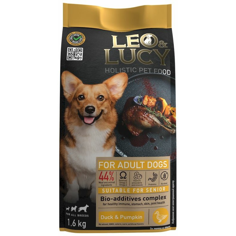 Leo&Lucy сухой полнорационный корм для пожилых собак, с уткой, тыквой и биодобавками - 1,6 кг 48671