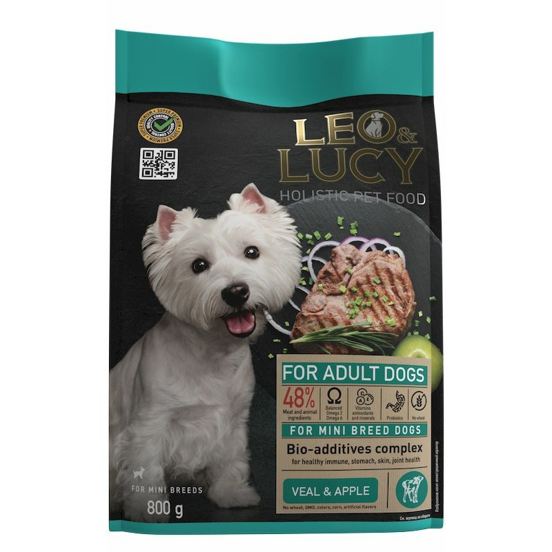 Leo&Lucy сухой полнорационный корм для собак мелких пород, с телятиной, яблоком и биодобавками - 800 г 48666