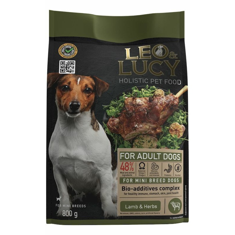 Leo&Lucy сухой полнорационный корм для собак мелких пород, с ягненком, травами и биодобавками - 800 г 48667