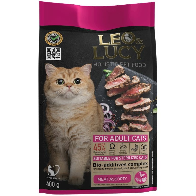 Leo&Lucy сухой полнорационный корм для стерилизованных кошек, мясное ассорти с биодобавками - 400 г 48652
