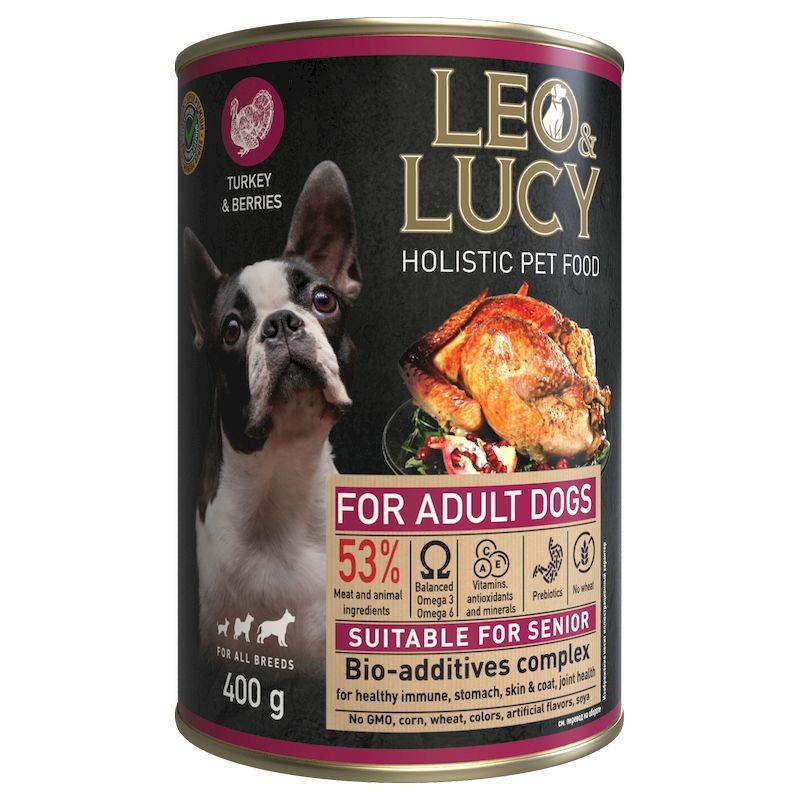 Leo&Lucy влажный полнорационный корм для пожилых собак, с индейкой, ягодами и биодобавками, в паштете, в консервах - 400 г 48664
