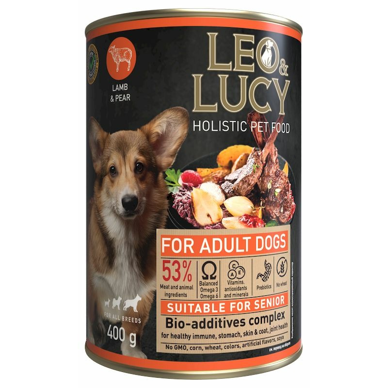 Leo&Lucy влажный полнорационный корм для пожилых собак, с ягненком, грушей и биодобавками, в паштете, в консервах - 400 г 48663