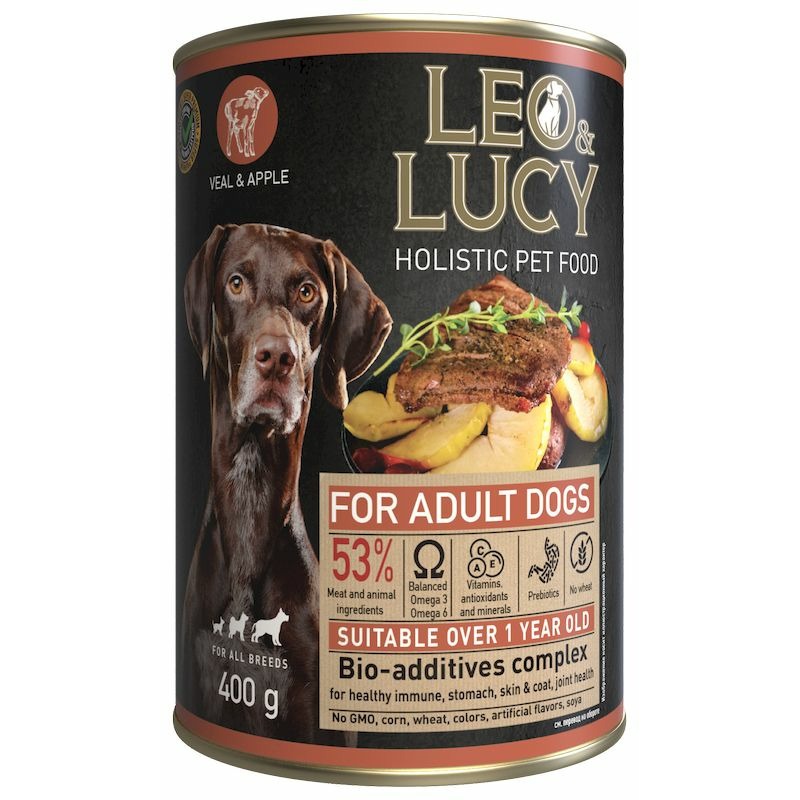 Leo&Lucy влажный полнорационный корм для собак, с телятиной, яблоком и биодобавками, в паштете, в консервах - 400 г 48662