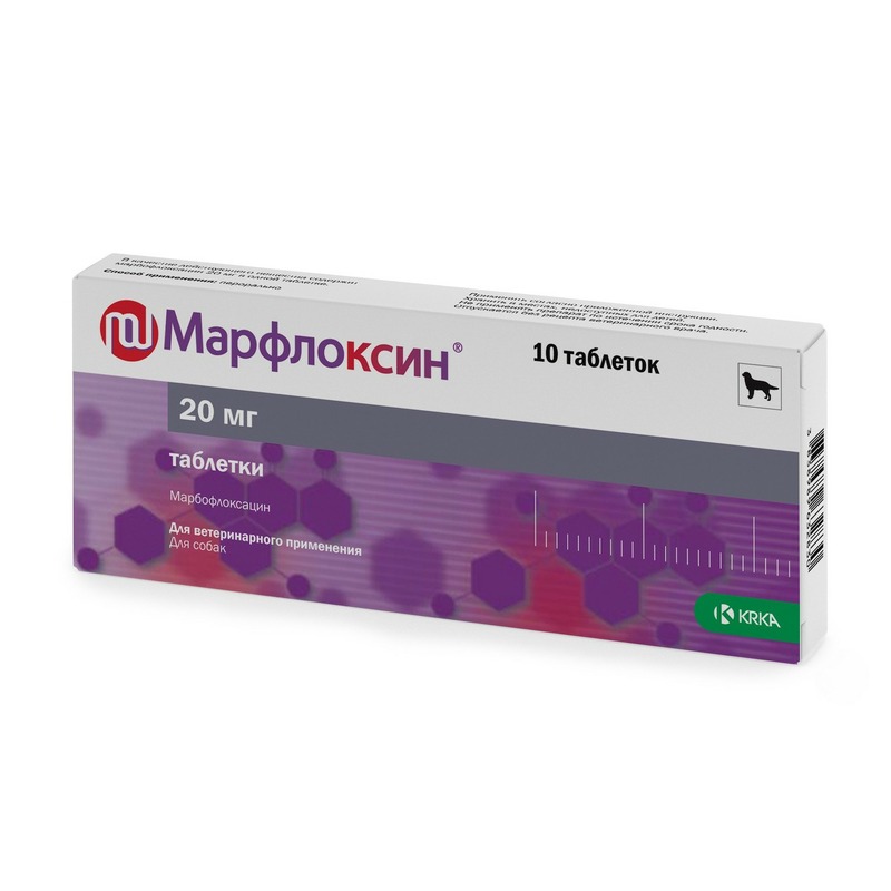 Марфлоксин (KRKA) антибактериальный препарат для кошек и собак 20 мг, 10 таблеток препарат антимикробный krka марфлоксин 80мг для собак 12табл