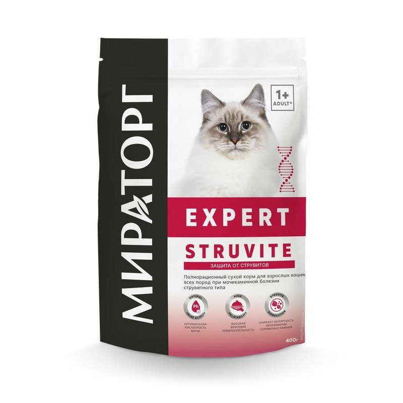 цена Мираторг Expert Struvite полнорационный сухой корм для кошек при мочекаменной болезни струвитного типа - 400 г