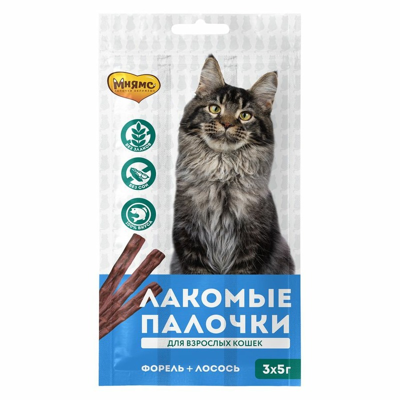 цена Мнямс лакомство для кошек, лакомые палочки с форелью и лососем, 13,5 см - 5 г, 3 шт в упаковке
