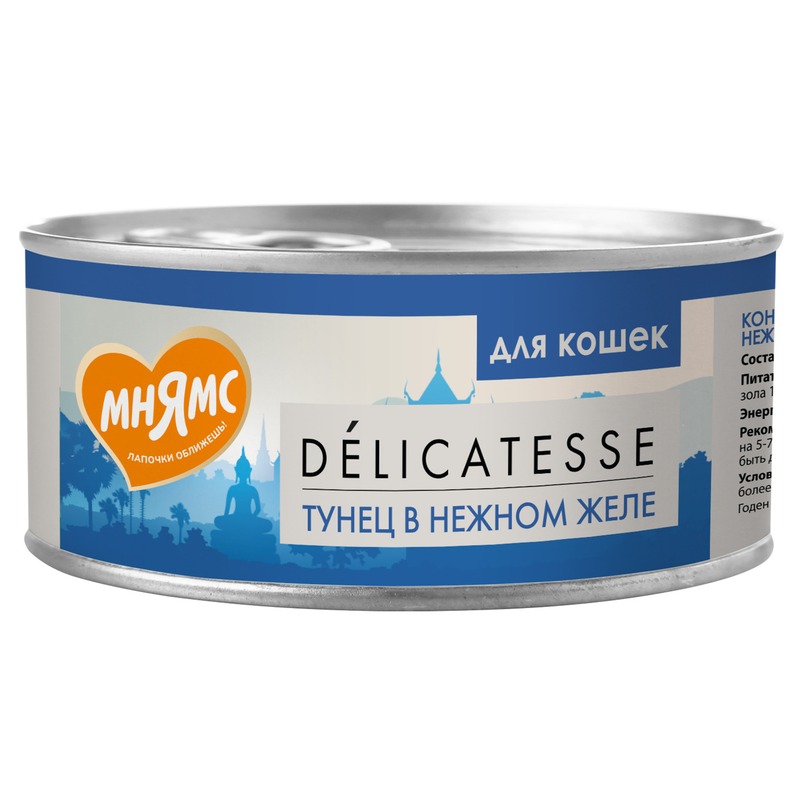 

Мнямс Delicatesse влажный дополнительный корм для кошек тунец в нежном желе, в консервах - 70 г х 24 шт повседневный супер премиум для взрослых с тунцом консервы (в железной банке) Таиланд 1 уп. х 24 шт. х 1.68 кг