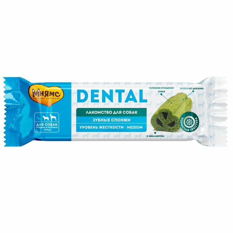 Мнямс Dental лакомство для собак средних и крупных пород, зубные спонжи с эвкалиптом - 25 г лакомство для собак мнямс dental зубные палочки с хлорофиллом 100 г