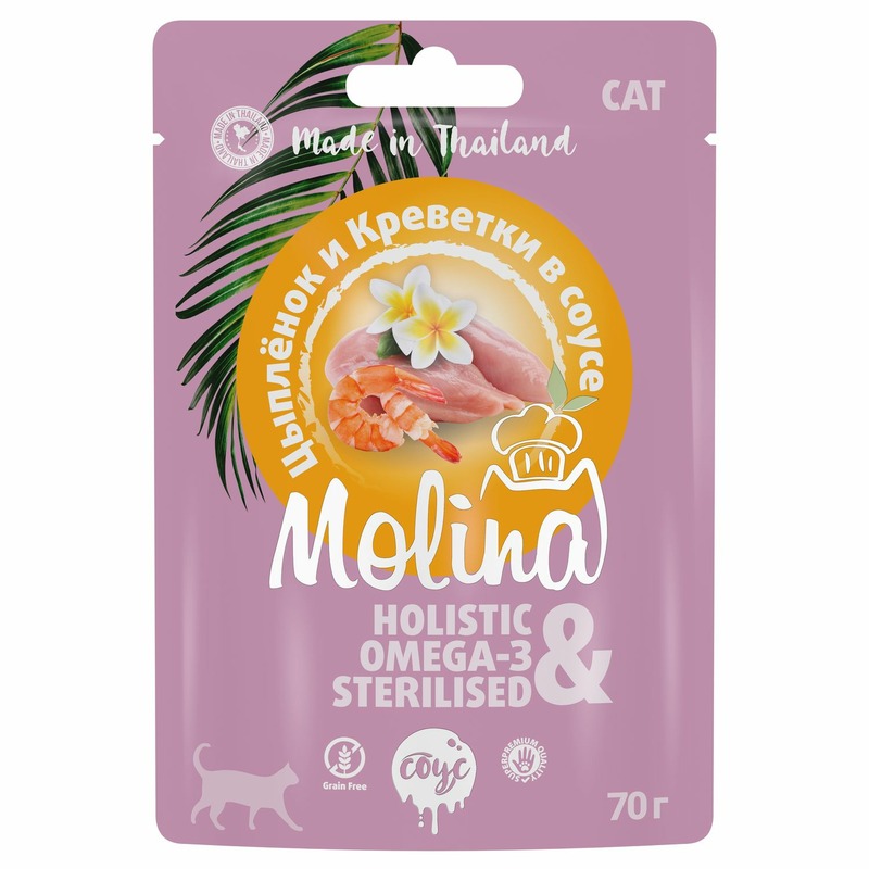 Molina влажный корм для кошек, с цыпленком и креветками, кусочки в соусе, в паучах - 70 г