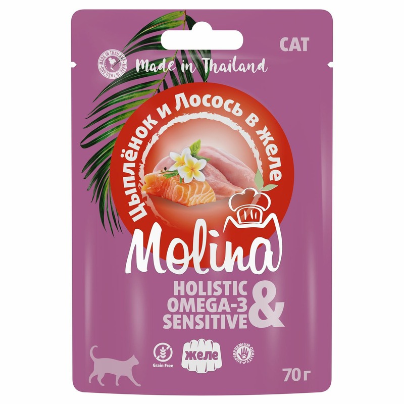 molina влажный корм для кошек с цыпленком и лососем кусочки в желе в консервах 80 г Molina влажный корм для кошек, с цыпленком и лососем, кусочки в желе, в паучах - 70 г