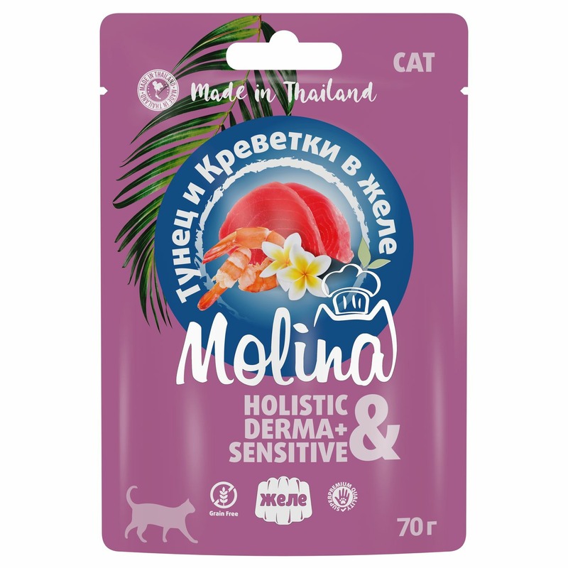 Molina влажный корм для кошек, с тунцом и креветками, кусочки в желе, в паучах - 70 г molina влажный корм для кошек с тунцом и креветками кусочки в желе в консервах 70 г