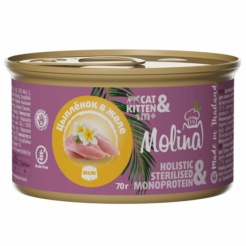 Molina влажный корм для котят и кошек, с цыпленком, кусочки в желе, в консервах - 70 г schesir консервы для кошек с филе цыпленка с160 0 085 кг