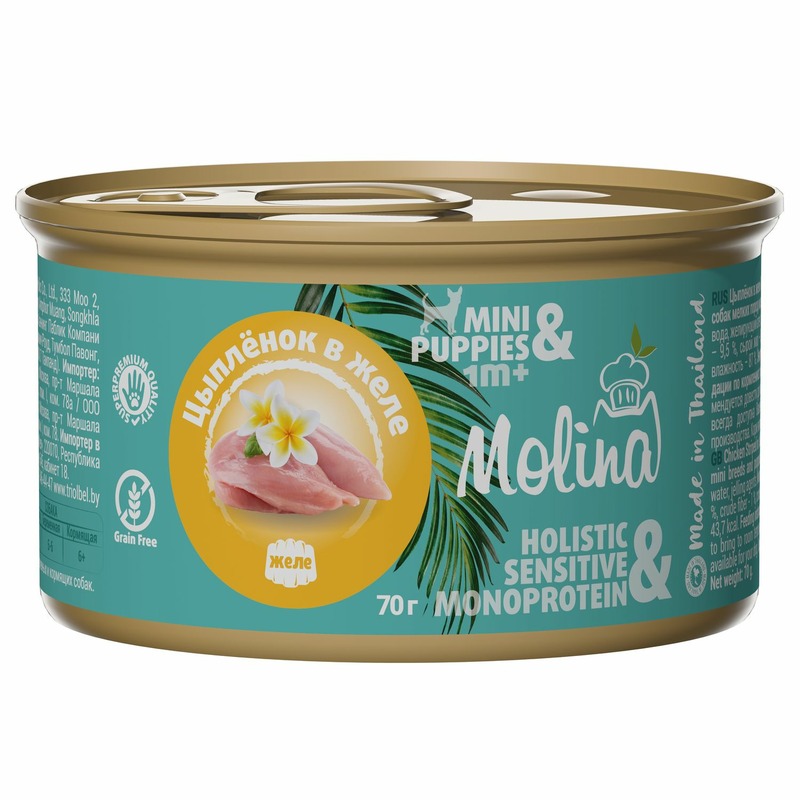 Molina влажный корм для щенков и собак мелких пород, с цыпленком, кусочки в желе, в консервах - 70 г