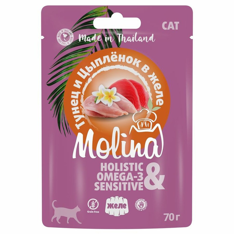 Molina влажный корм для кошек, с тунцом и цыпленком, кусочки в желе, в паучах - 70 г 44379