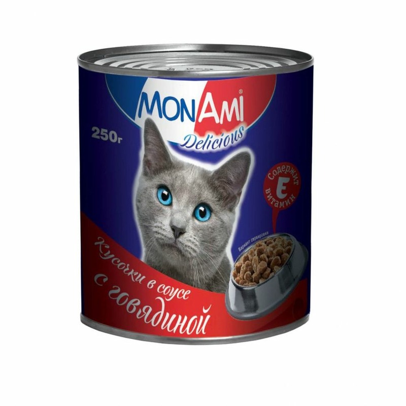 цена MonAmi влажный корм для кошек, с говядиной, кусочки в соусе, в консервах - 250 г