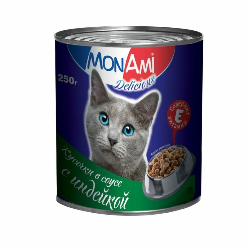 цена MonAmi влажный корм для кошек, с индейкой, кусочки в соусе, в консервах - 250 г