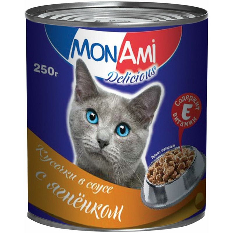 цена MonAmi влажный корм для кошек, с ягненком, кусочки в соусе, в консервах - 250 г