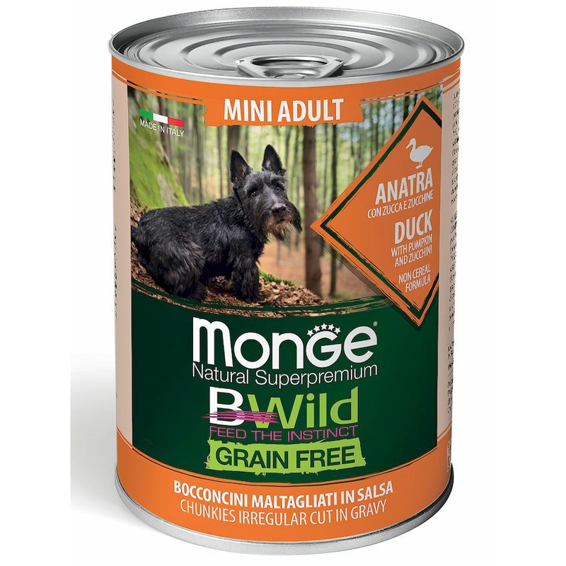 Monge Dog BWild Grain Free Mini полнорационный влажный корм для собак мелких пород, беззерновой, с уткой, тыквой и кабачками, кусочки в соусе, в консервах - 400 г 35708