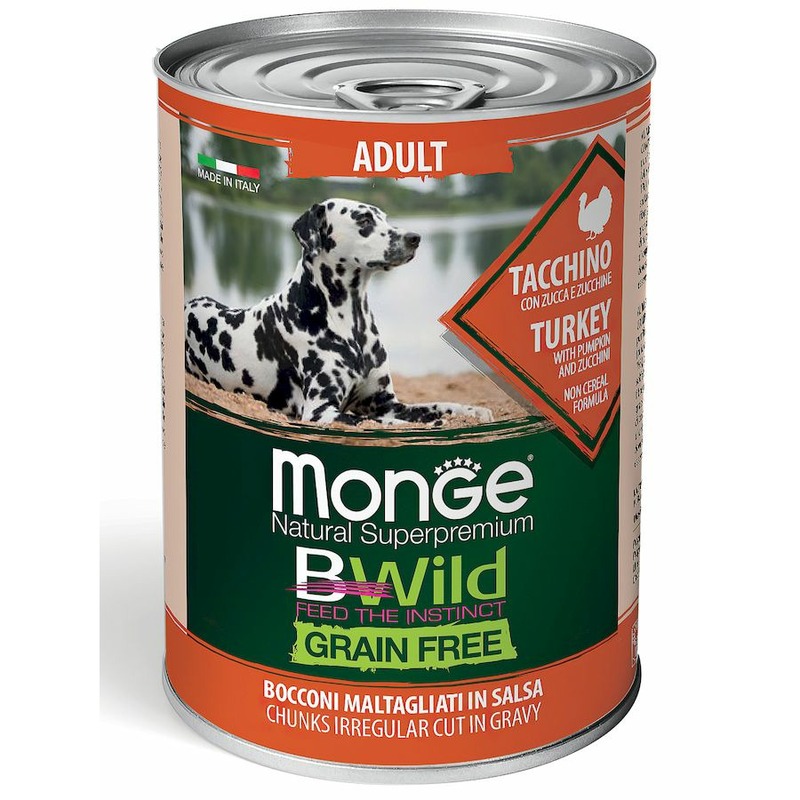 Monge Dog BWild Grain Free полнорационный влажный корм для собак, беззерновой, с индейкой, тыквой и кабачками, кусочки в бульоне, в консервах - 400 г формула 365 биодобавка для взрослых собак всех пород биотин пет с экстрактом зеленых мидий 150 таблеток