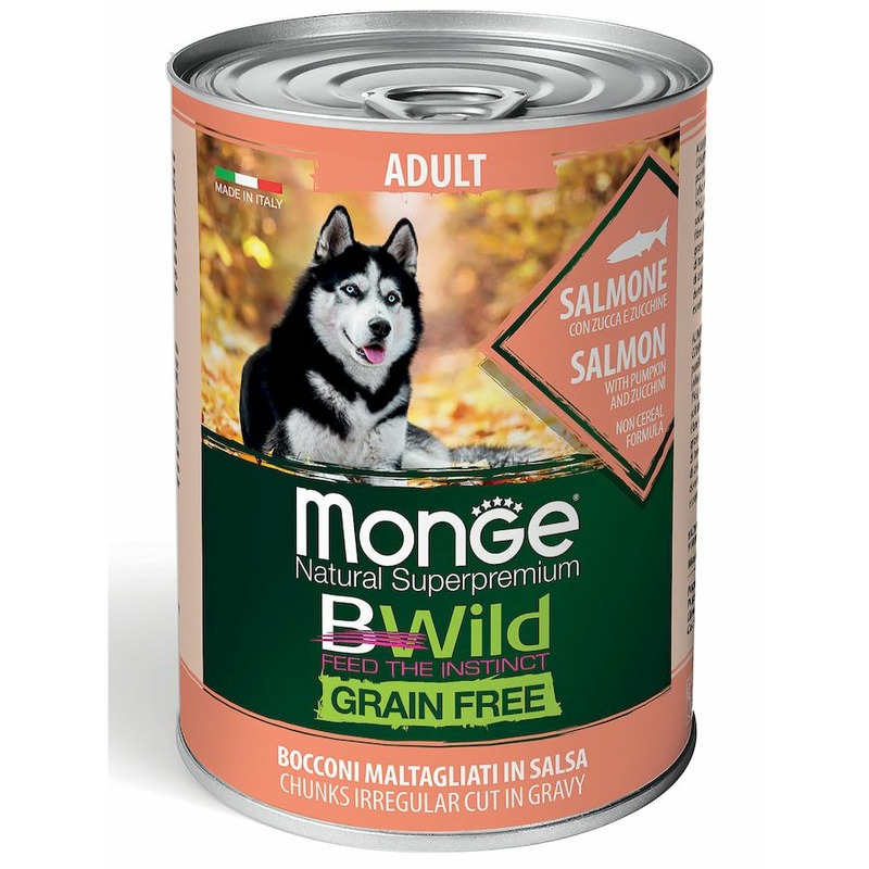 Monge Dog BWild Grain Free полнорационный влажный корм для собак, беззерновой, с лососем, тыквой и кабачками, кусочки в соусе, в консервах - 400 г