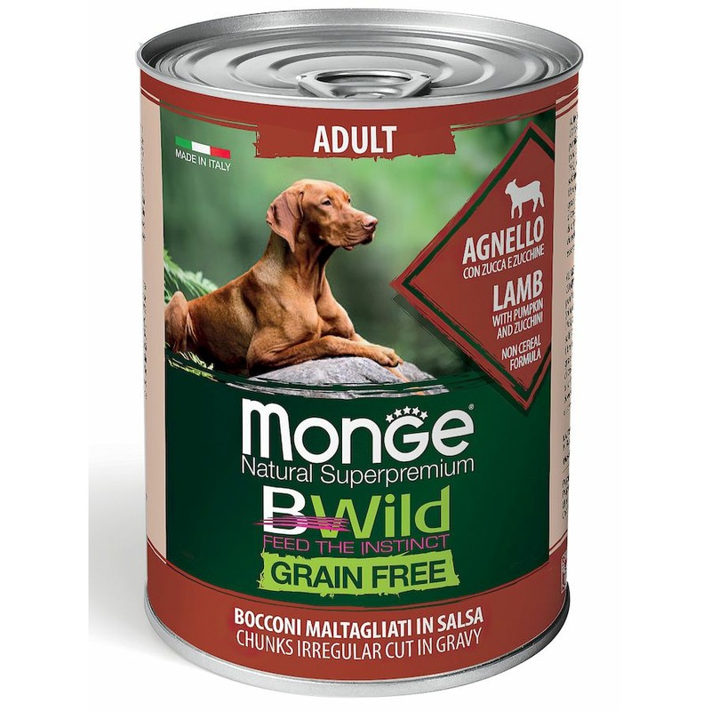 Monge Dog BWild Grain Free полнорационный влажный корм для собак, беззерновой, с ягненком, тыквой и кабачками, кусочки в соусе, в консервах - 400 г monge dog bwild grain free puppy
